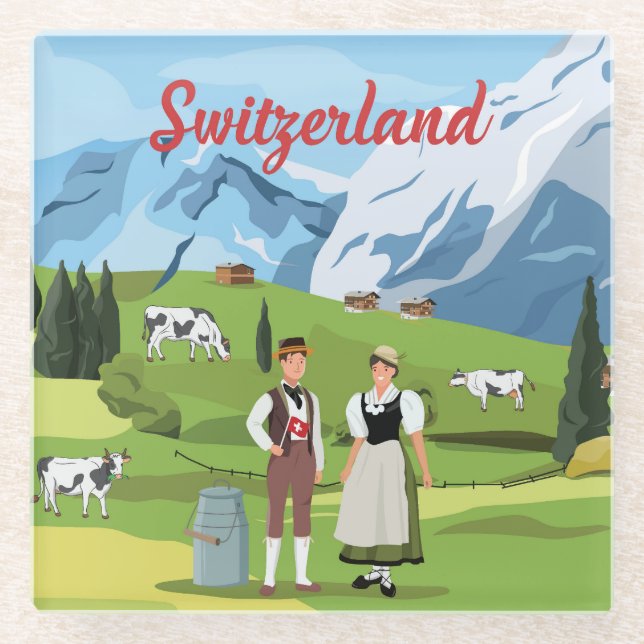 Niedlicher und farbenfroher Schweizer Cartoon Zeic Glasuntersetzer (Vorderseite)