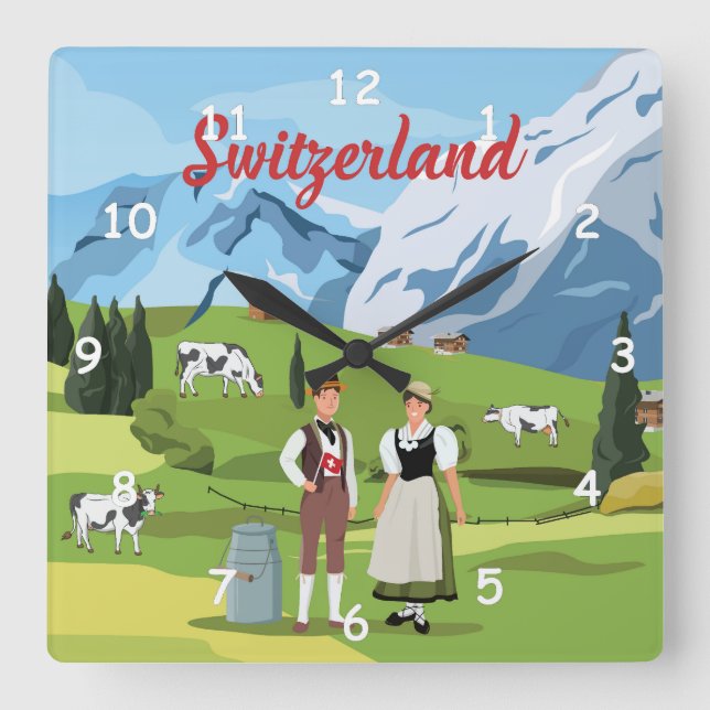 Niedlicher und farbenfroher Schweizer Cartoon Zeic Quadratische Wanduhr (Vorderseite)