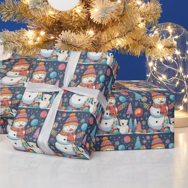 Niedlicher und farbenfroher Weihnachtsschneemann Geschenkpapier (Feiertage)