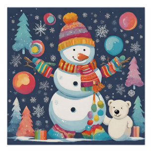 Niedlicher und farbenfroher Weihnachtsschneemann Poster