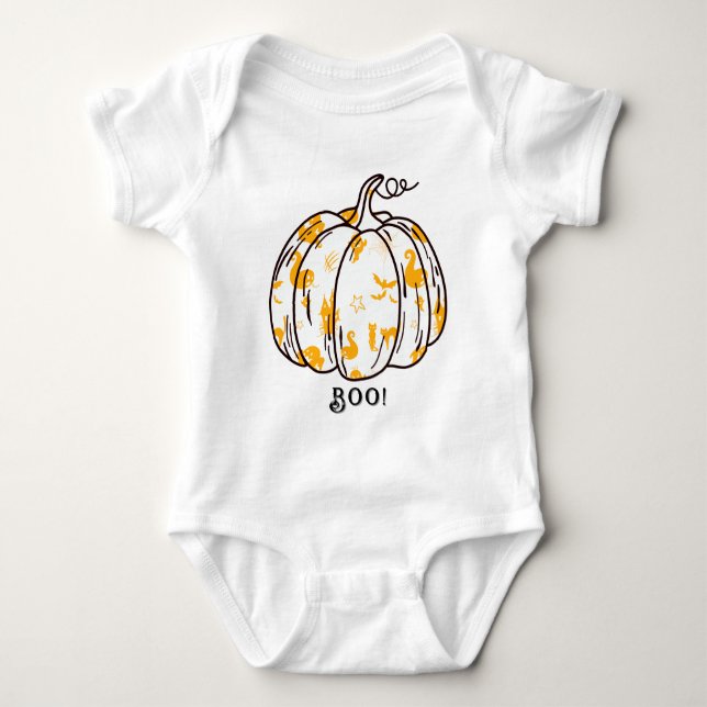 Niedlicher und gespeckter Orange Jack-O’ Lantern Baby Strampler (Vorderseite)