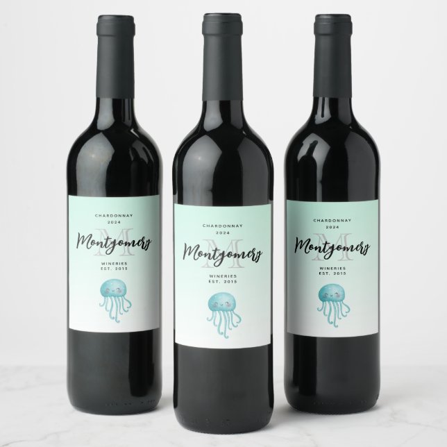 Niedlicher und glücklicher Quallenwein Weinetikett (Flaschen)