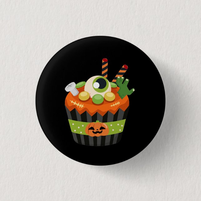 Niedlicher und grauenhafter Halloween Cupcake mit  Button (Vorderseite)