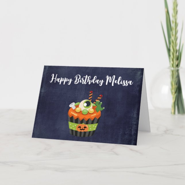 Niedlicher und grauenhafter Halloween Cupcake mit  Karte (Vorderseite)