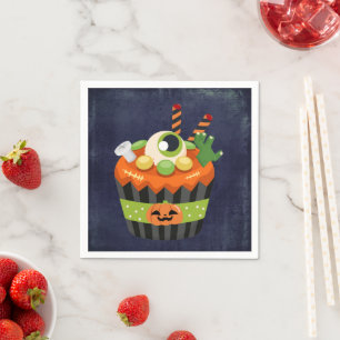 Niedlicher und grauenhafter Halloween Cupcake mit  Serviette
