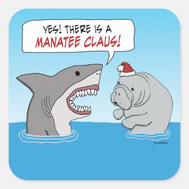 Niedlicher und lustiger Hai und Manatee Claus Quadratischer Aufkleber (Vorderseite)