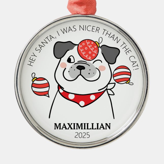Niedlicher und schmutziger Mops-ähnlicher Hund mit Ornament Aus Metall (Vorne)