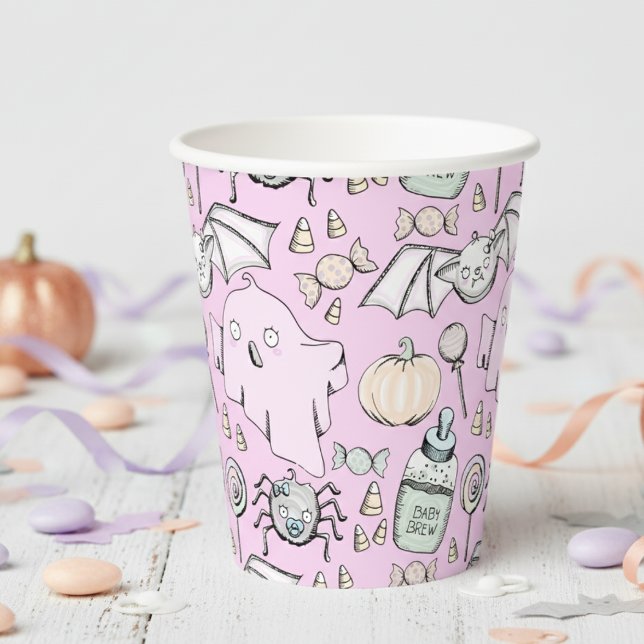 Niedlicher und süßer Halloween-Kindergeburtstag Pappbecher (Girly Pink Halloween Girl Baby Shower Paper Cups. Ghosts, Bats, Spider, Candy Autumn Pattern for Her)