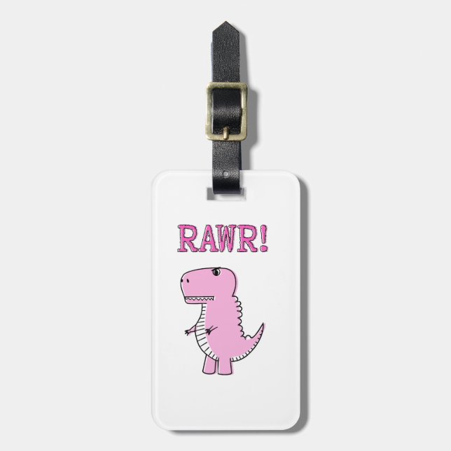 Niedlicher und wütend rosa Cartoon T-Rex Dinosauri Gepäckanhänger (Vorderseite vertikal)
