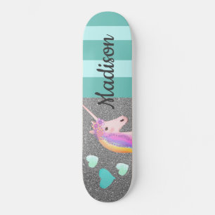 Niedlicher Unicorn Glitzer Aquamarin Hearts Kinder Skateboard