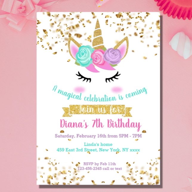 Niedlicher Unicorn Gold Glitzer Girl's Magical Bir Einladung (Unicorn Girl birthday invitations made by Creative Design)