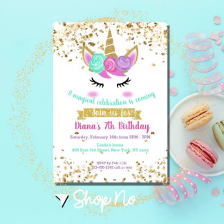 Niedlicher Unicorn Gold Glitzer Girl's Magical Bir Einladung