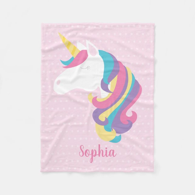 Niedlicher Unicorn-Polka-Punkt personalisiert Fleecedecke (Vorderseite)