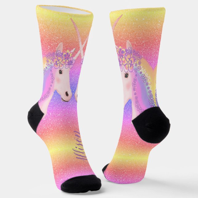 Niedlicher Unicorn-Regenbogen-Glitzer Personalisie Socken (Gewinkelt)