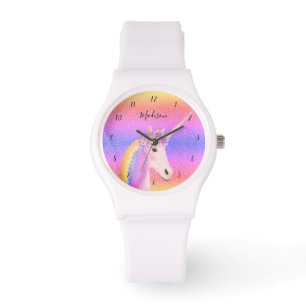 Niedlicher Unicorn-Regenbogen-Glitzer Trendy Monog Armbanduhr