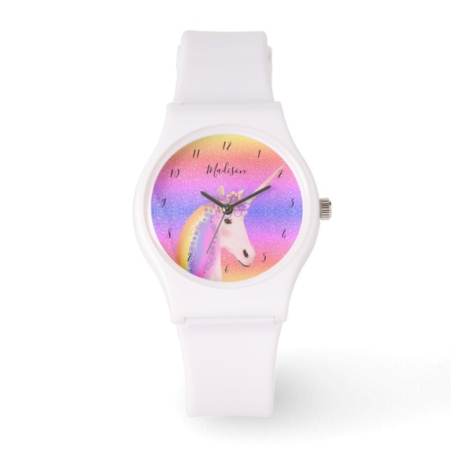 Niedlicher Unicorn-Regenbogen-Glitzer Trendy Monog Armbanduhr (Vorderseite)