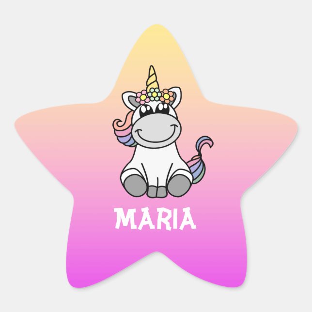 Niedlicher Unicorn Regenbogen Personalisierter Nam Stern-Aufkleber (Vorderseite)
