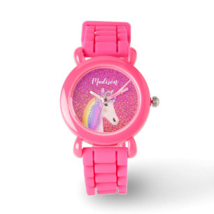 Niedlicher Unicorn Rosa Glitzer Personalisiert Kid Armbanduhr