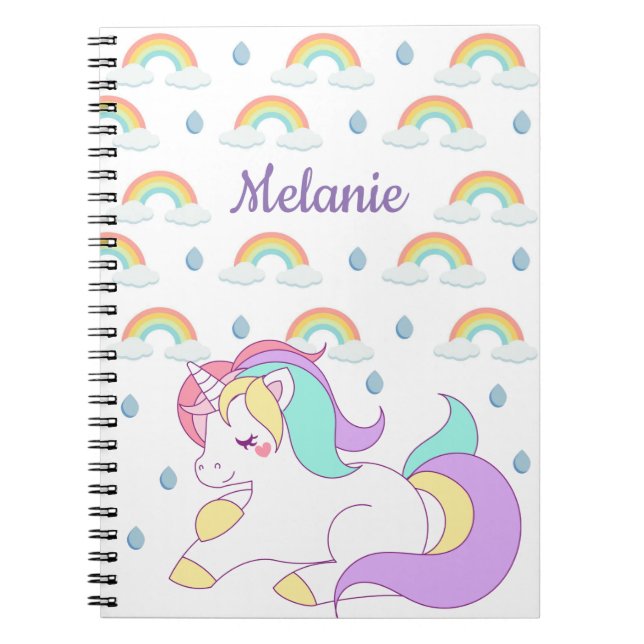 Niedlicher Unicorn und Regenbogen personalisiert Notizblock (Vorderseite)