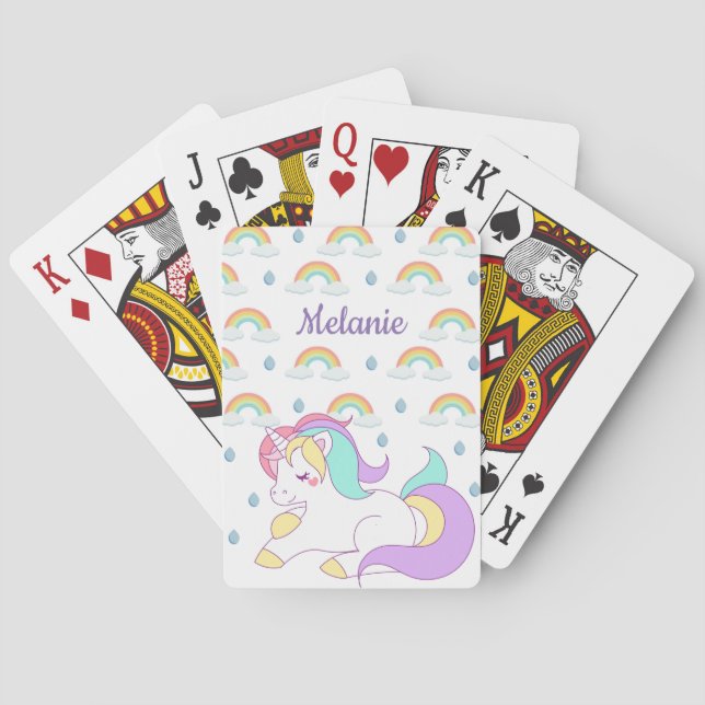 Niedlicher Unicorn und Regenbogen personalisiert Spielkarten (Rückseite)