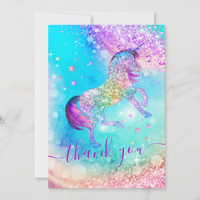 Niedlicher, unicornrosa Aqua-irisierender Glitzer  Dankeskarte (Vorderseite)