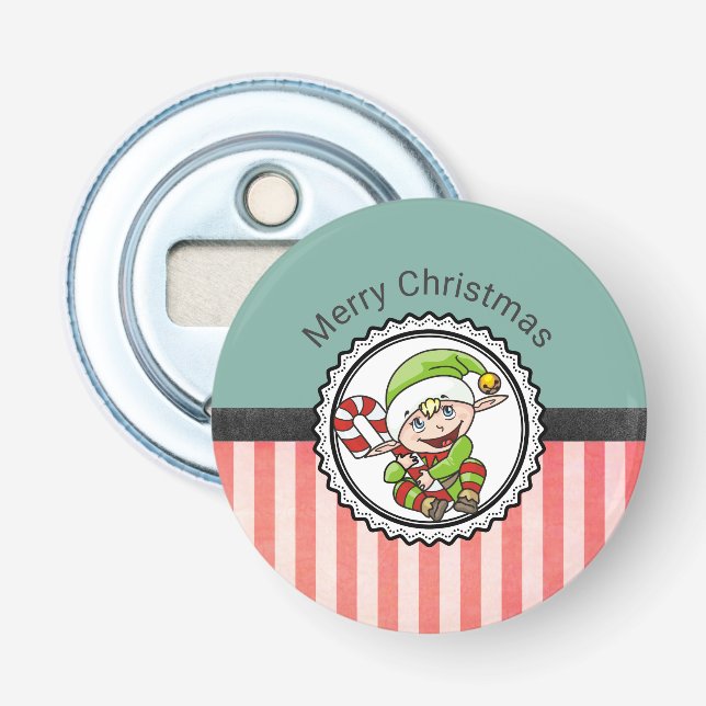 Niedlicher Urlaub Elf mit Candy Cane Frohe Weihnac Flaschenöffner (Vorderseite)
