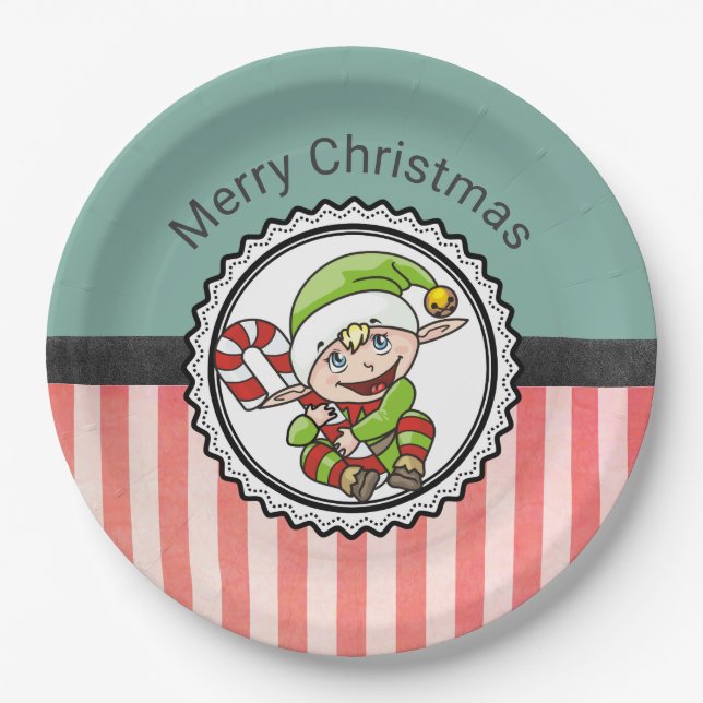 Niedlicher Urlaub Elf mit Candy Cane Frohe Weihnac Pappteller (Vorderseite)