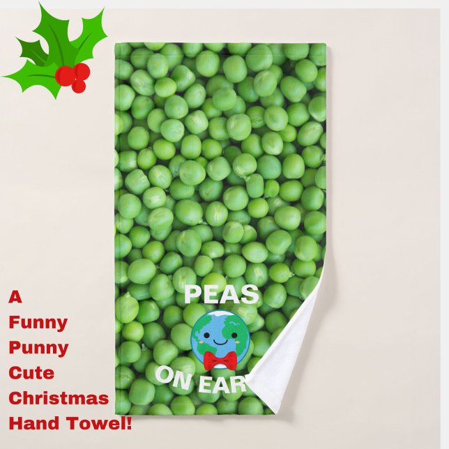 Niedlicher Urlaub "Peas on Earth" Handtuch (Deck the Halls (of your bathroom) with this cute, funny, festive and punny Christmas hand towel!)
