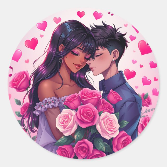 Niedlicher Valentinstag des Anime-Anime Runder Aufkleber (Vorderseite)