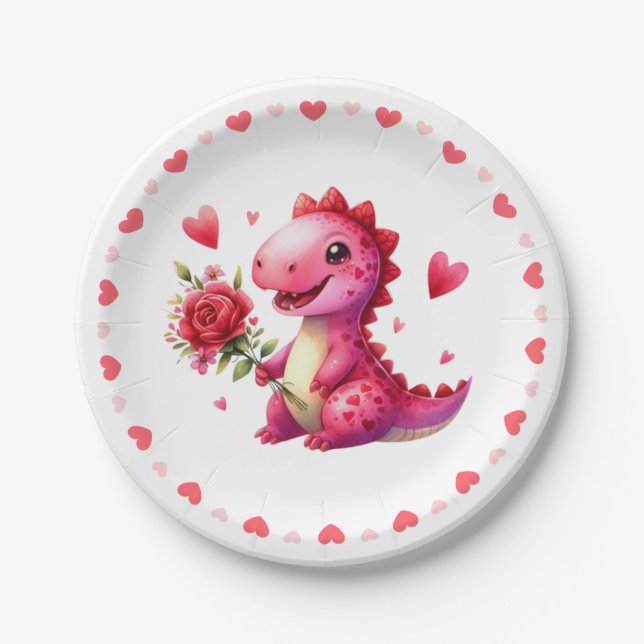 Niedlicher Valentinstag-Dinosaurier Pappteller (Vorderseite)