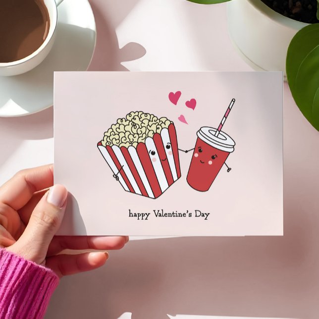 Niedlicher Valentinstag-Kartenhalter und Soda-Desi Dankeskarte (cute valentine's day card featuring popcorn and soda in love.)