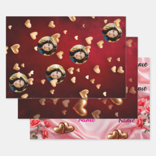 Niedlicher Valentinstag mit Roter Blüte und rosa H Geschenkpapier Set