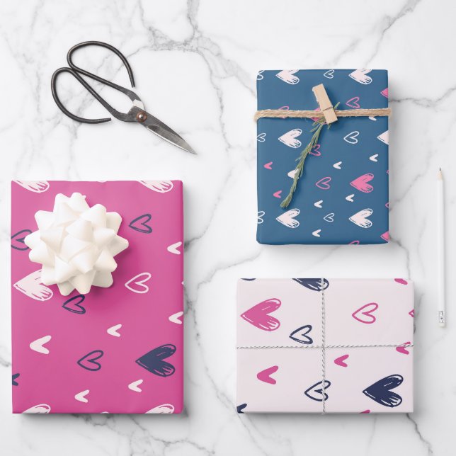 Niedlicher Valentinstag Rosa Bleistift Doodle Geschenkpapier Set (Vorderseite)