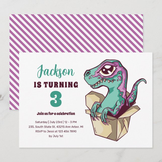 Niedlicher Velociraptor in Box Kinder Dinosaurier  Einladung (Vorne/Hinten)
