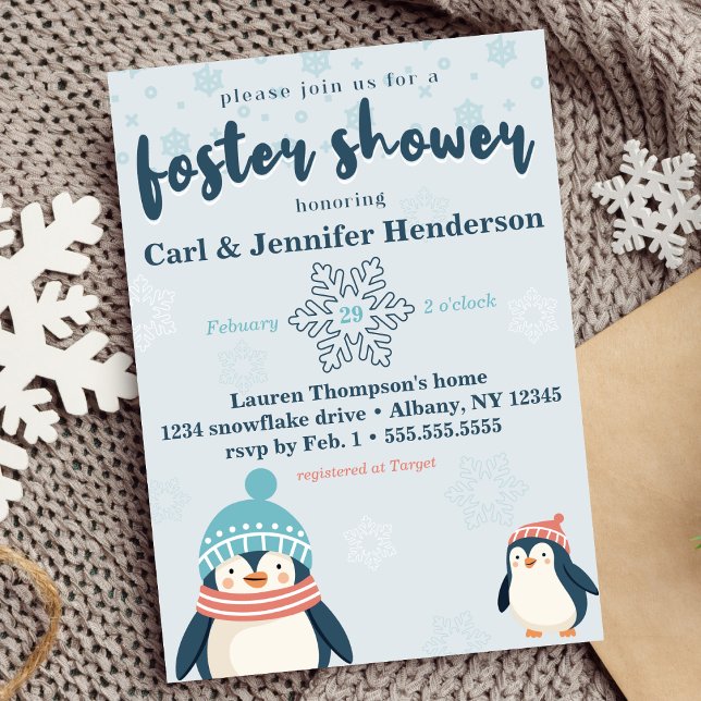 Niedlicher verschneiten Pinguin Foster Care Baby / Einladung (foster care baby /child shower cute winter snowy penguin design blue gender neutral boy or girl )