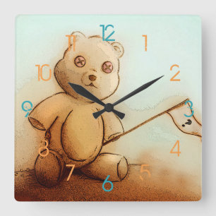Niedlicher Vintager brauner Teddybär, Square Clock Quadratische Wanduhr
