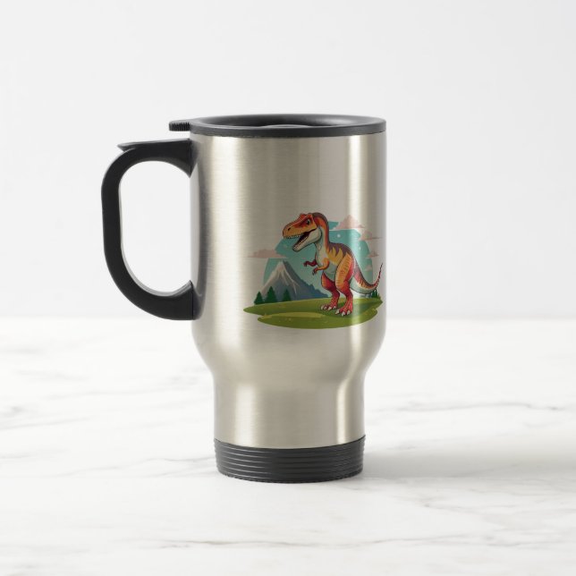 Niedlicher Vintager Dinosaurier T Rex mit Berg Reisebecher (Links)