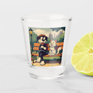 Niedlicher, Vintager Hund/Kater-Cartoon Schnapsglas