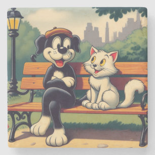 Niedlicher, Vintager Hund/Kater-Cartoon Steinuntersetzer