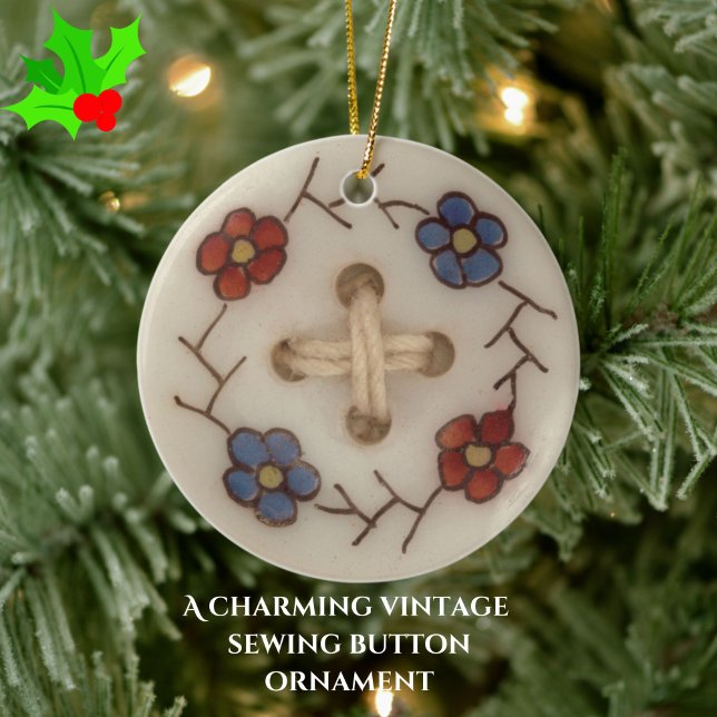 Niedlicher Vintager Nähknopf mit Blume Keramik Ornament (Add charm to your tree with this whimsical, fun and cute vintage sewing button ornament! )