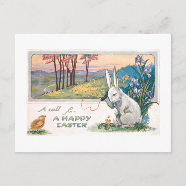 Niedlicher Vintager Osterhase mit Telefon Postkarte (Vorderseite)
