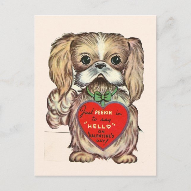 Niedlicher Vintager Pekingese Welpenhund Valentine Postkarte (Vorderseite)