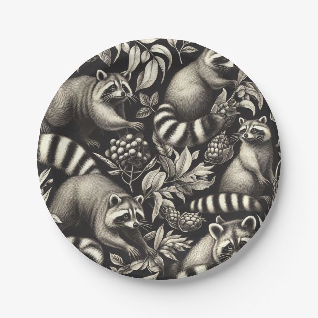 Niedlicher Vintager Racoon Nahtlos Pappteller (Vorderseite)
