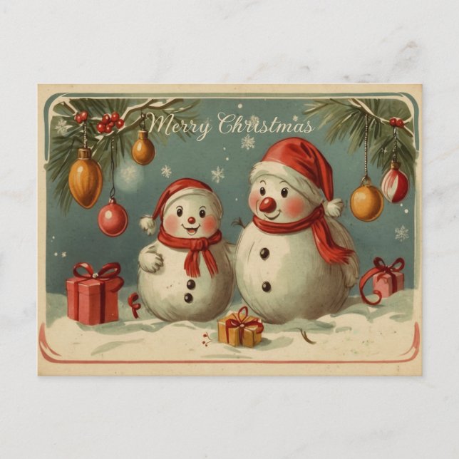 Niedlicher Vintager Schneemann Weihnachtsfeiertag  Feiertagspostkarte (Vorderseite)