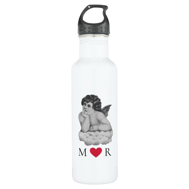 Niedlicher Vintager Schwarz-weißer Cherub Angel Pa Edelstahlflasche (Vorderseite)