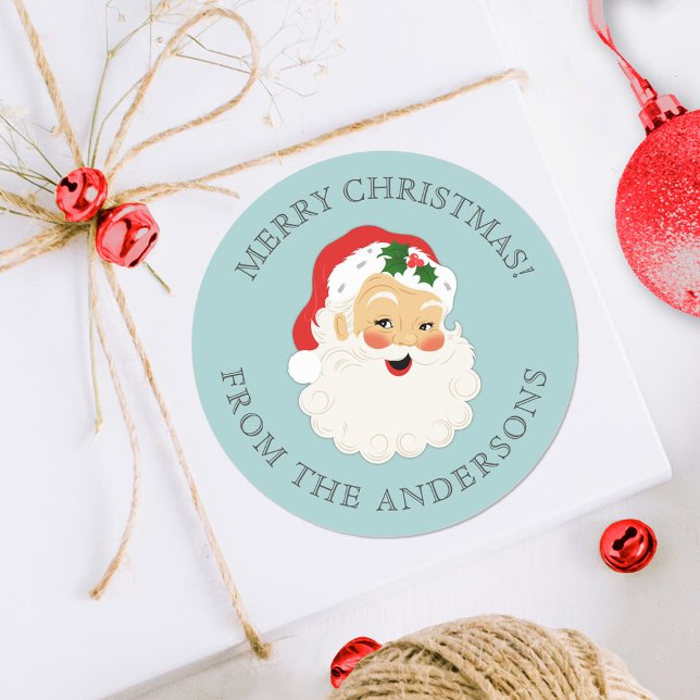 Niedlicher Vintager Weihnachtsmann frohe Weihnacht Runder Aufkleber (A vintage Santa Claus Sticker for decorating your Christmas packages)