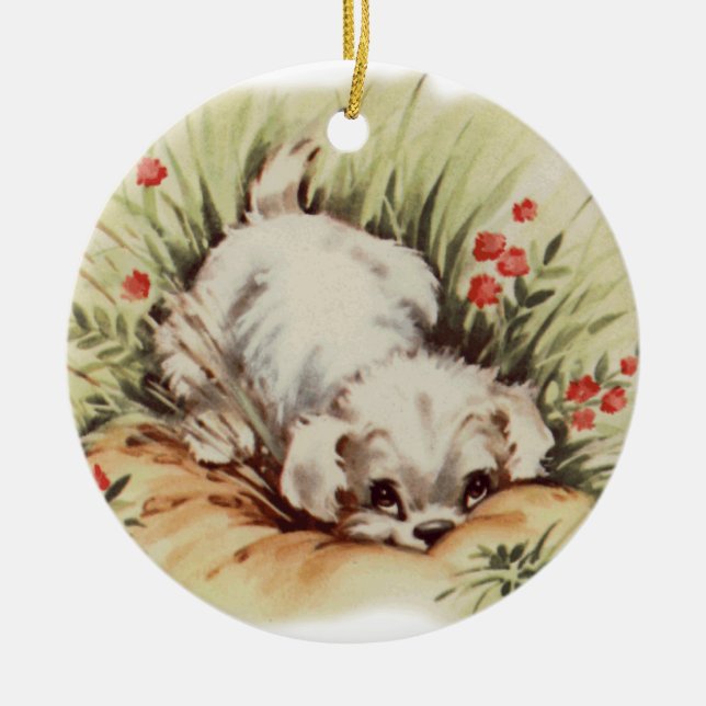 Niedlicher Vintager Welpe im Gras Keramikornament (Vorne)