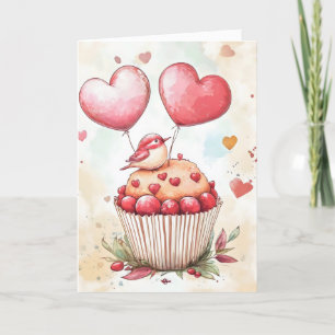 Niedlicher Vogel auf dem Cupcake Heart Balloons Feiertagskarte