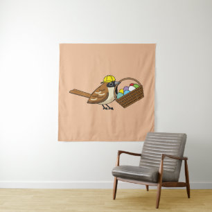 Niedlicher Vogel mit bunten Eierkörben Wandteppich