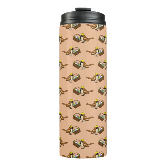 Niedlicher Vogel mit farbenfrohen Eierkörben Muste Thermosbecher (Vorderseite)